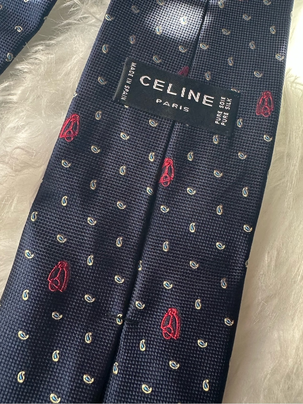 Vintage Celine Paris Pure Silk Navy Equestrian Paisley Logo Tie - Picture 11 of 12